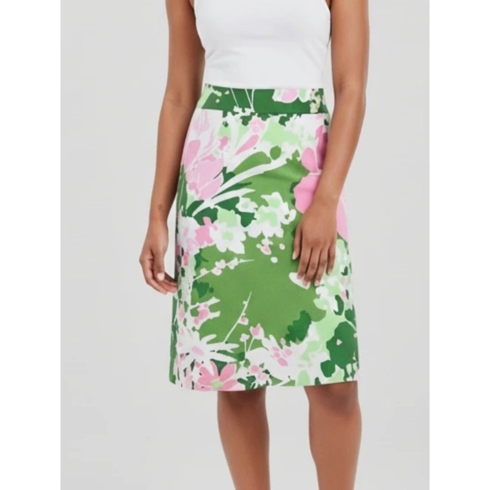 Talbots Floral Skirt Green Pink White A-Line Knee Length Classic Cute Fun 14